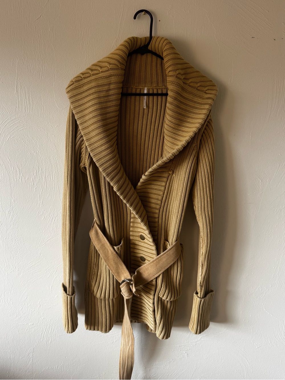 Free People Ryanne Long Haul Ribbed Belted Cardigan Warm Camel M